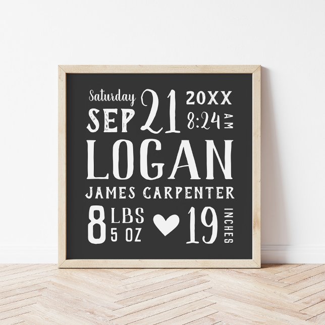 Charcoal Baby Name Birth Stats | Editable Colours Poster (Creator Uploaded)