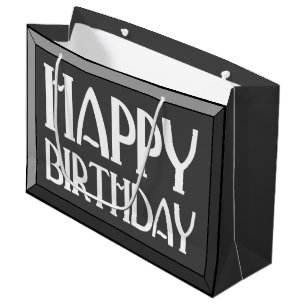 Charcoal Beveled Happy Birthday Art Deco Large Gift Bag