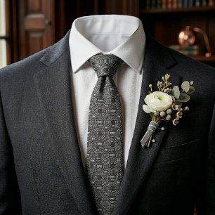 Charcoal Black Geometric Art Deco Silk Jacquard Tie