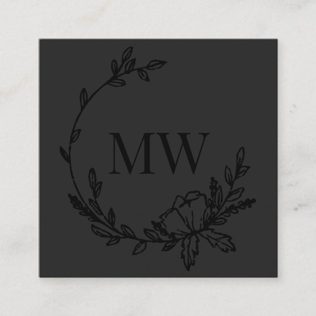 Charcoal & Black Hand Drawn Wreath Monogram Square Business Card (Front)