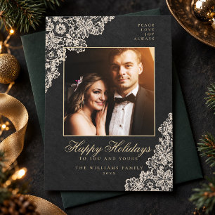 Charcoal Black Lace Elegant Family Photo Christmas Holiday Card
