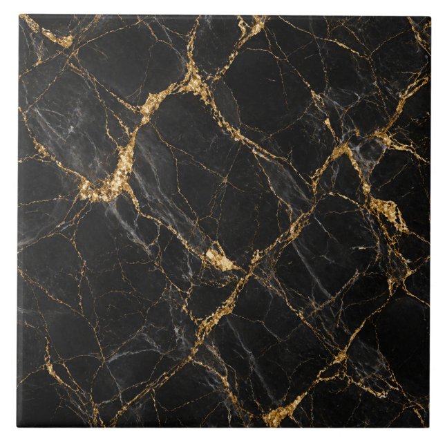 Charcoal Black Marble Effect with Gold Veins Tile (Front)