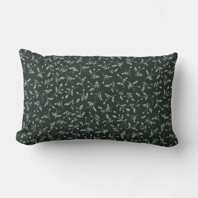 Charcoal Black Modern Farmhouse Daisy Buds Pattern Lumbar Cushion (Front)
