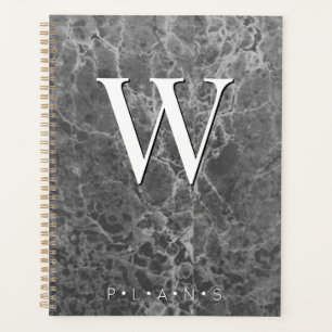 Charcoal Black Modern Marble Monogram Planner
