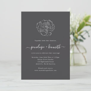 Charcoal Black Peony Line Art Wedding Script Invitation