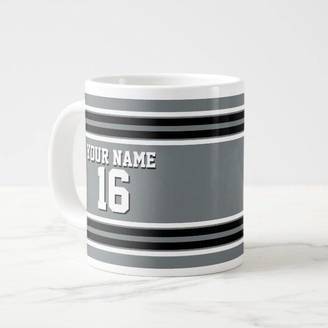 Charcoal Black Wht Team Jersey Custom Number Name Large Coffee Mug (Front Left)