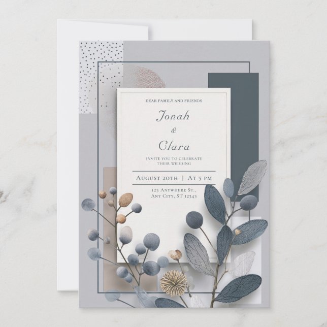 Charcoal Blue Copper Berry Geometric Wedding Invitation (Front)