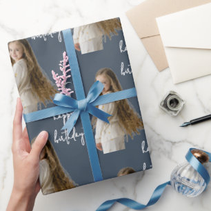 Charcoal Blue & Custom Birthday text and photo - Wrapping Paper