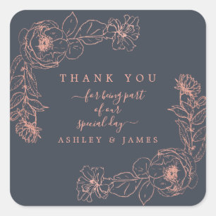 Charcoal Blue Rose Gold Floral Wedding Thank You Square Sticker