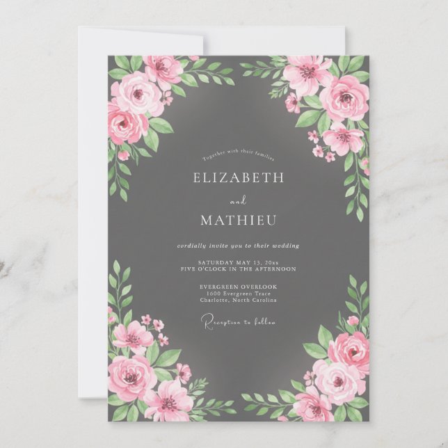 Charcoal Blush Bouquet Eucalyptus Wedding Invitation (Front)