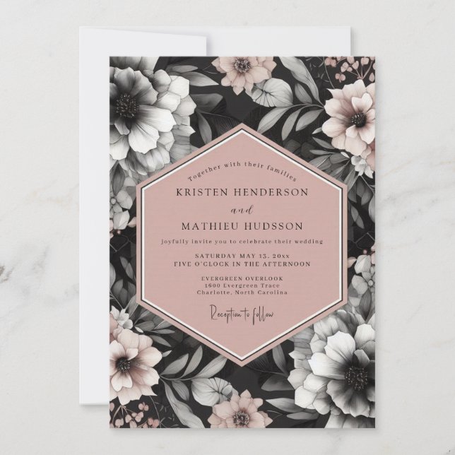Charcoal Blush Elegant Bloom Wedding Invitation (Front)