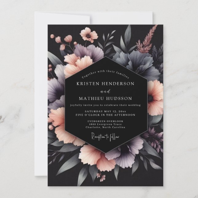 Charcoal & Blush Gothic Floral Wedding Invitation (Front)