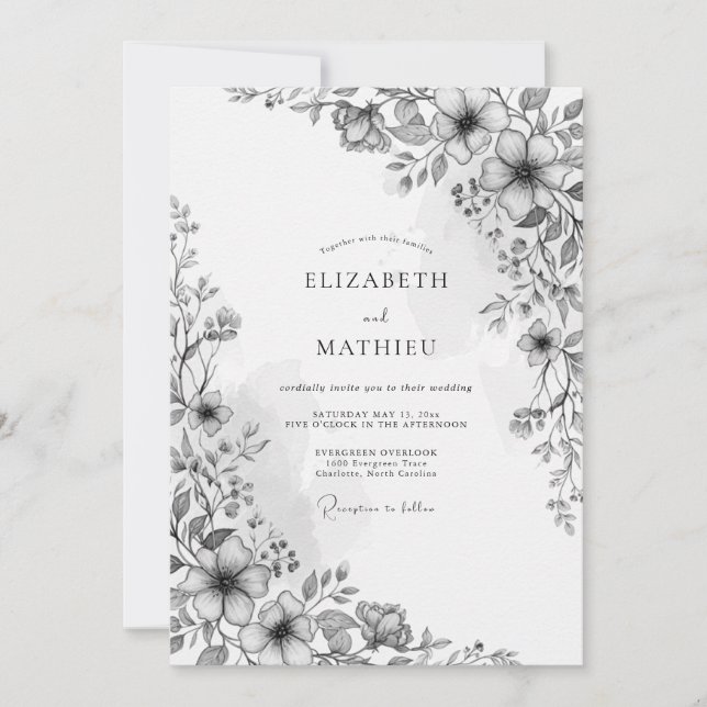 Charcoal Botanical Romance Wedding Invitation (Front)