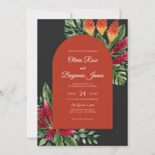 Charcoal Burnt Orange Tropical Eucalyptus Wedding Invitation