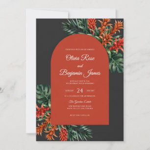 Charcoal Burnt Orange Tropical Sage Wedding Invitation