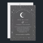 Charcoal Celestial Arched Wedding Invitation Photo<br><div class="desc">A celestial moon and star themed wedding invitation with a charcoal grey background and white text with elements. You can also add your own photo on the back. Customise the colour of the star pattern,  background,  arch fill and moon element!</div>