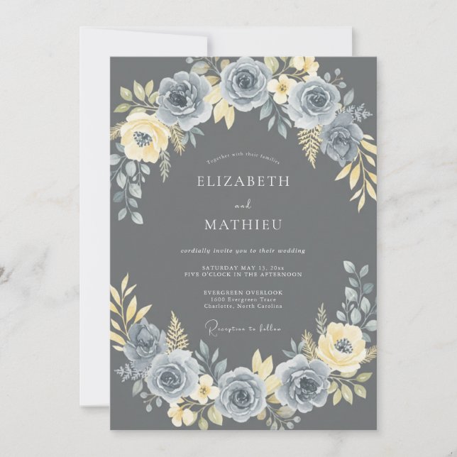 Charcoal Champagne Dahlia Wedding Invitation (Front)
