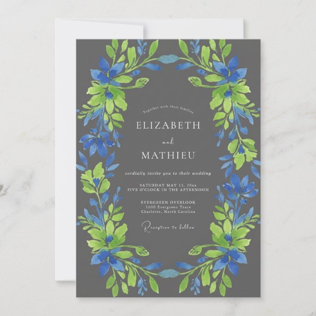 Charcoal Cobalt Wreath Wedding Invitation (Front)