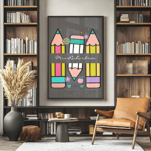 Charcoal Colourful Teacher Cartoon Pencil Poster