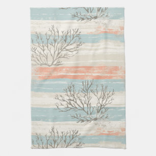Charcoal Coral and Scallop Shells on Peach Stripes Tea Towel