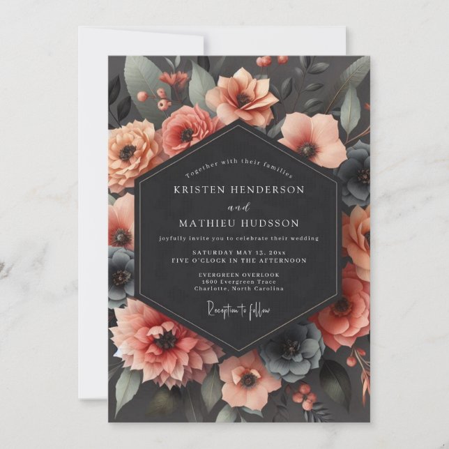 Charcoal Coral Chiaroscuro Wedding Invitation (Front)