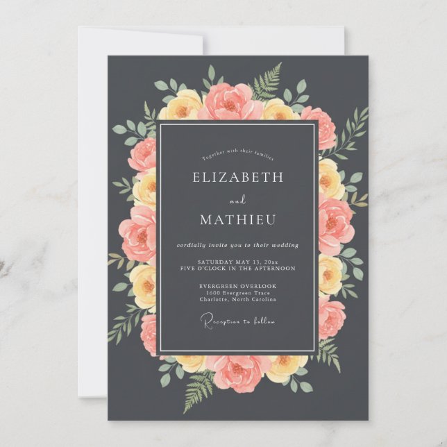 Charcoal Coral Painted Wedding Invitation (Front)