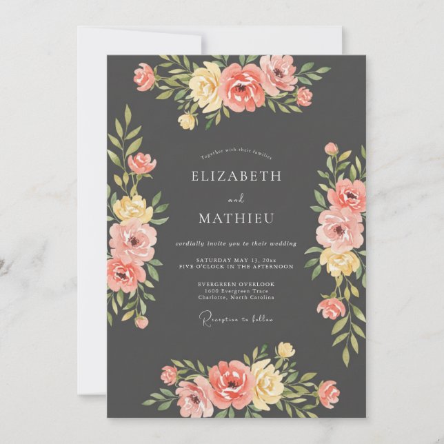 Charcoal Coral Ranunculus Eucalyptus Wedding Invitation (Front)