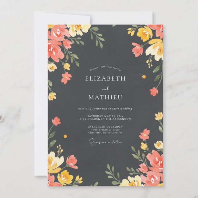 Charcoal Coral Wildflower Wedding Invitation (Front)