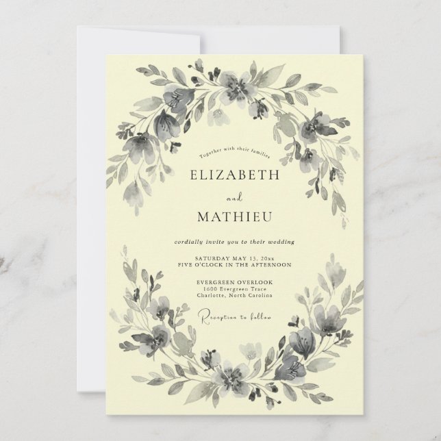 Charcoal Cream Foliage Eucalyptus Wedding Invitation (Front)
