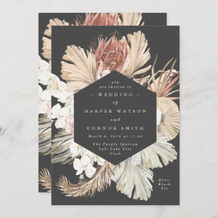 Charcoal Cream Pampas Grass Dried Grey Wedding Invitation