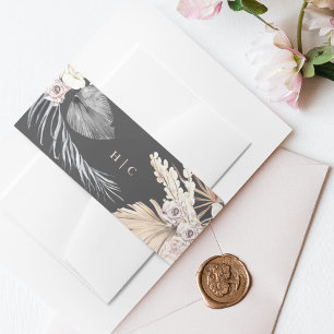 Charcoal Cream Pampas Grass Floral Jungle Wedding Invitation Belly Band