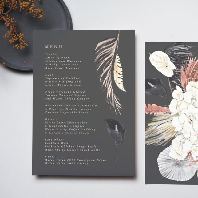 Charcoal Cream Pampas Grass Floral Jungle Wedding Menu (Creator Uploaded)