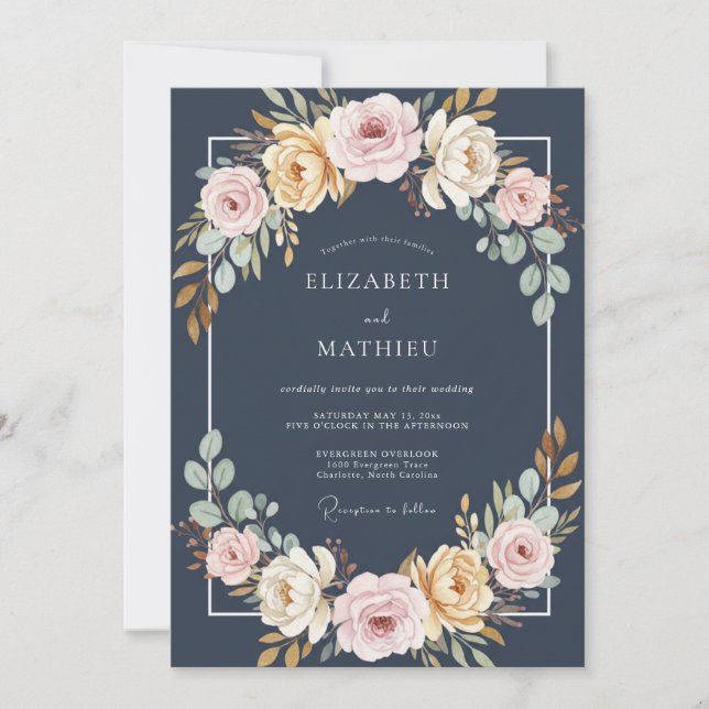 Charcoal Cream Ranunculus Eucalyptus Wedding Invitation (Front)