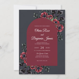 Charcoal Crimson Blossom Wedding Invitation