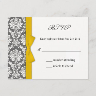 Charcoal Damask Yellow Bow Wedding Response Card