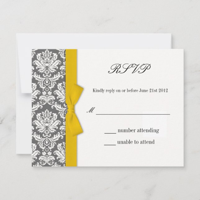 Charcoal Damask Yellow Bow Wedding Response Card (Front)