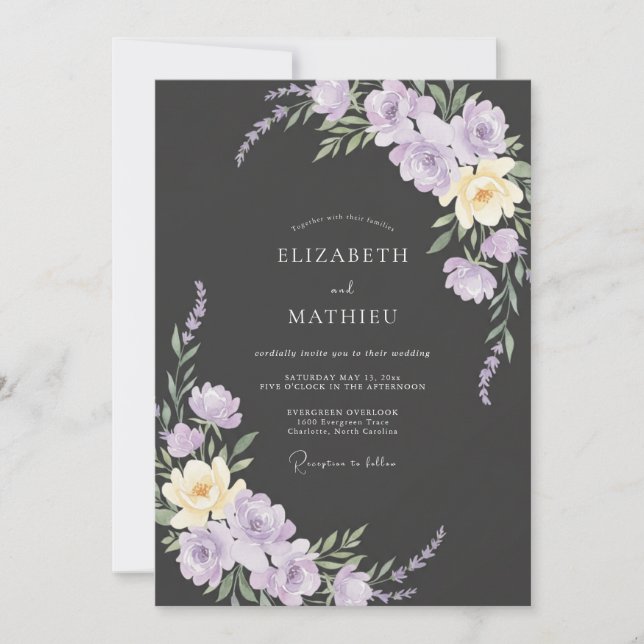 Charcoal Dusty Lilac Petal Wedding Invitation (Front)