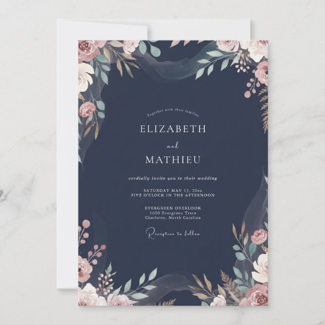 Charcoal Dusty Pink Foliage Eucalyptus Wedding Invitation (Front)