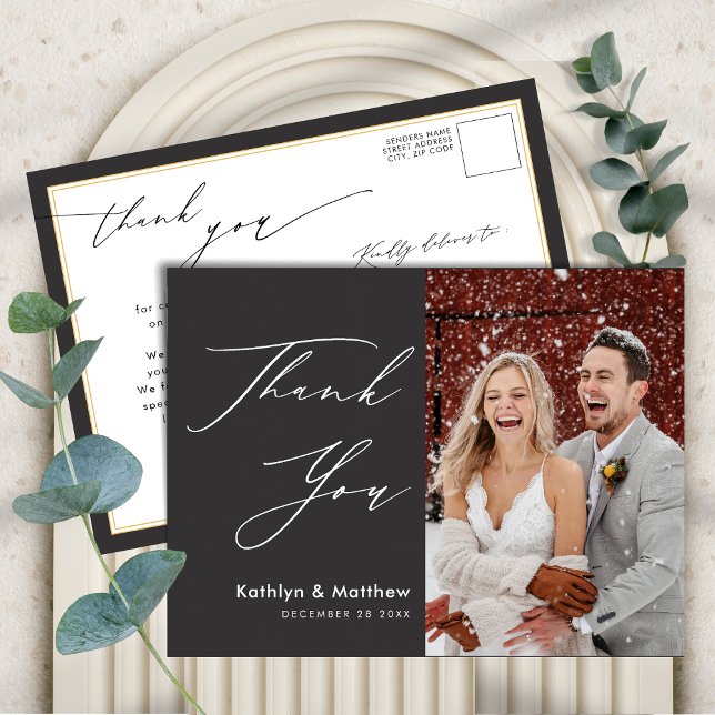Charcoal Elegant Scrip Photo Wedding Thank You Postcard (Creator Uploaded)