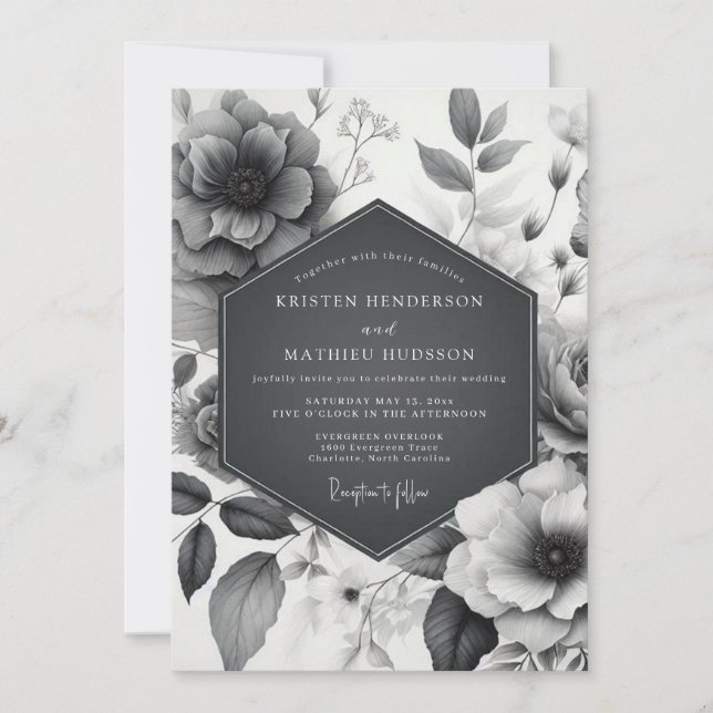 Charcoal Etched Flora Wedding Invitation (Front)