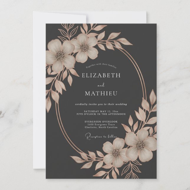 Charcoal Floral Laurel Romance Wedding Invitation (Front)