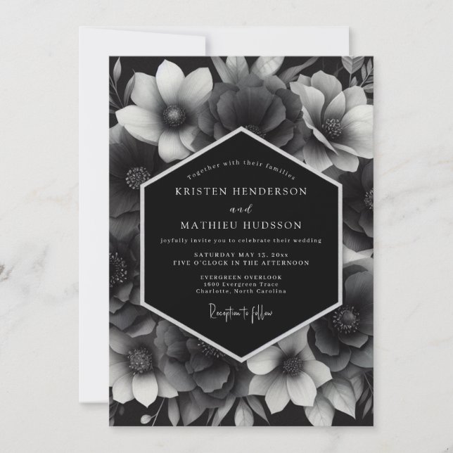 Charcoal Floral Noir Wedding Invitation (Front)