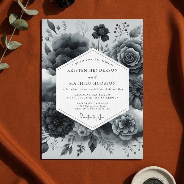 Charcoal Floral Romance Wedding Invitation (Creator Uploaded)