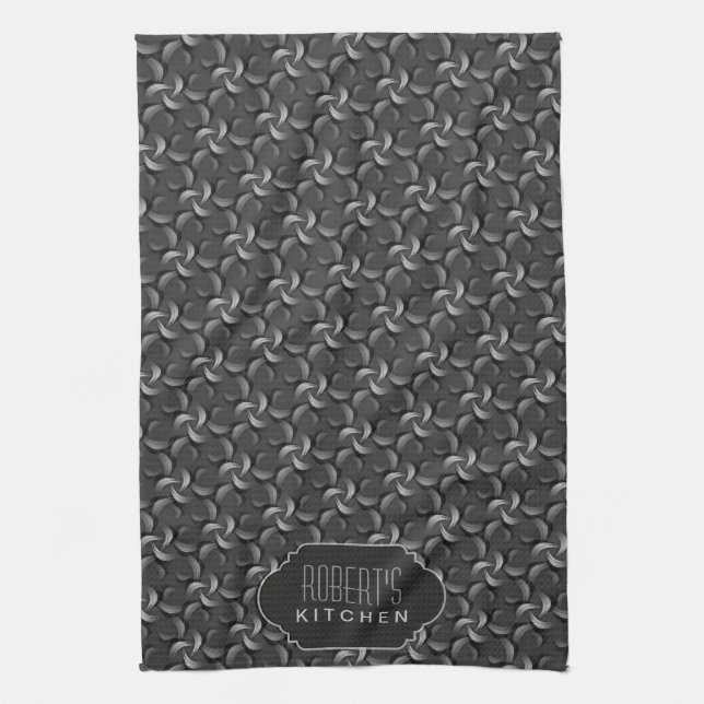 Charcoal Flower Pattern Monogram Kitchen Tea Cloth (Vertical)