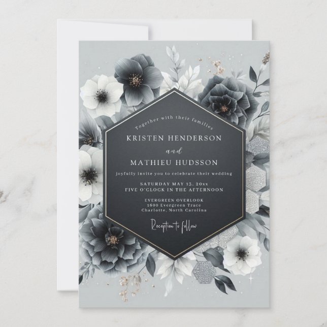 Charcoal Gilded Anemone Wedding Invitation (Front)