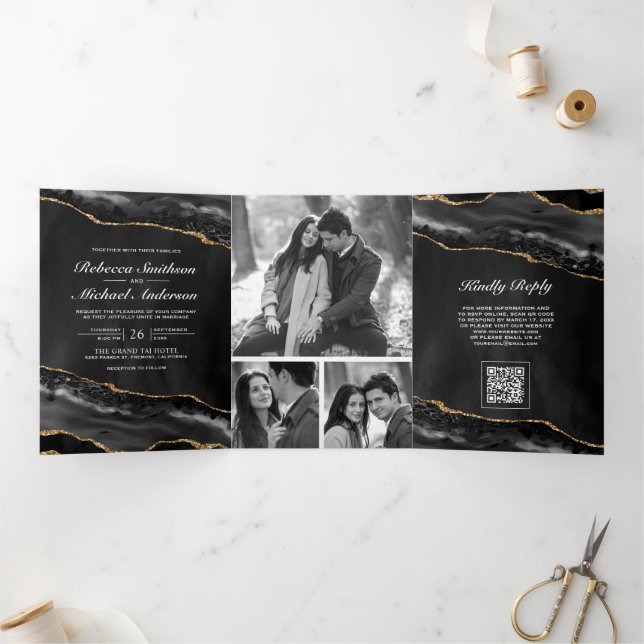 Charcoal Gold Agate Photo Collage QR Code Wedding Tri-Fold Invitation (Inside)