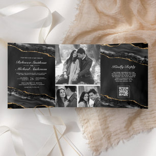 Charcoal Gold Agate Photo Collage QR Code Wedding Tri-Fold Invitation