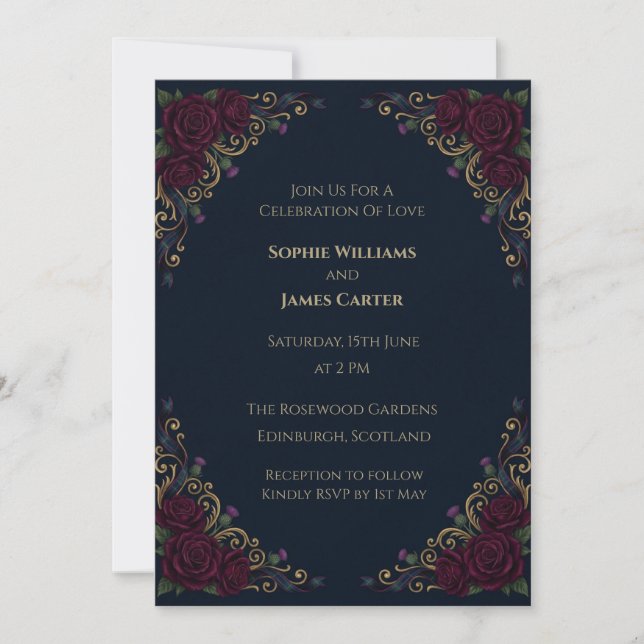 Charcoal Gold Baroque Rose Wedding Invitation (Front)