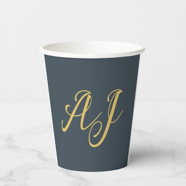 Charcoal Gold Color Monogram Professional Initial Paper Cups (Front)