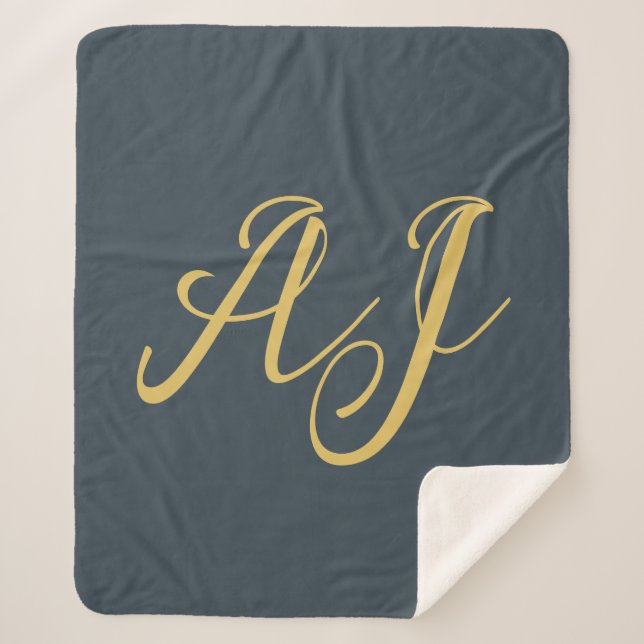 Charcoal Gold Color Monogram Professional Initial Sherpa Blanket (Front)
